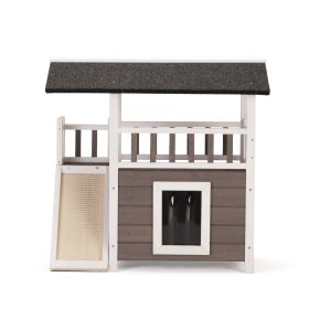 Indoor or Outdoor 2-Tier Wooden Dog House with Balcony & Ladder