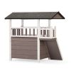 Indoor or Outdoor 2-Tier Wooden Dog House with Balcony & Ladder