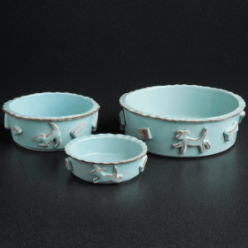 Stoneware Dog Designed Food/Water Bowl (Color: Baby Blue, size: medium)