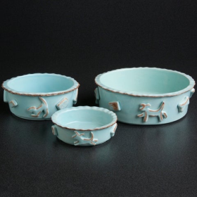 Stoneware Dog Designed Food/Water Bowl (Color: Baby Blue, size: small)