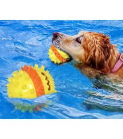 Colorful Treat Spiky Chew Squeaky Ball Toy with Rope (Color: Yellow)