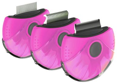 Triple Rotating Rake Deshedder and Dematting Grooming Dog Combs (Color: Pink)