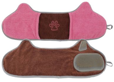 2-in-1 Dual Hand-Pocketed  Microfiber Grooming Towel and Brush (Color: Brown / Pink)